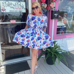 Blue Multi Abstract Puff Sleeve Twirl with Pockets
